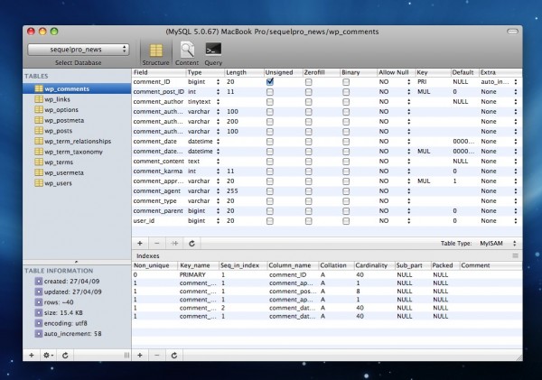 sequelpro 600x421 Sequel Pro   MYSQL Database Manajemen for Mac OS X 10.5